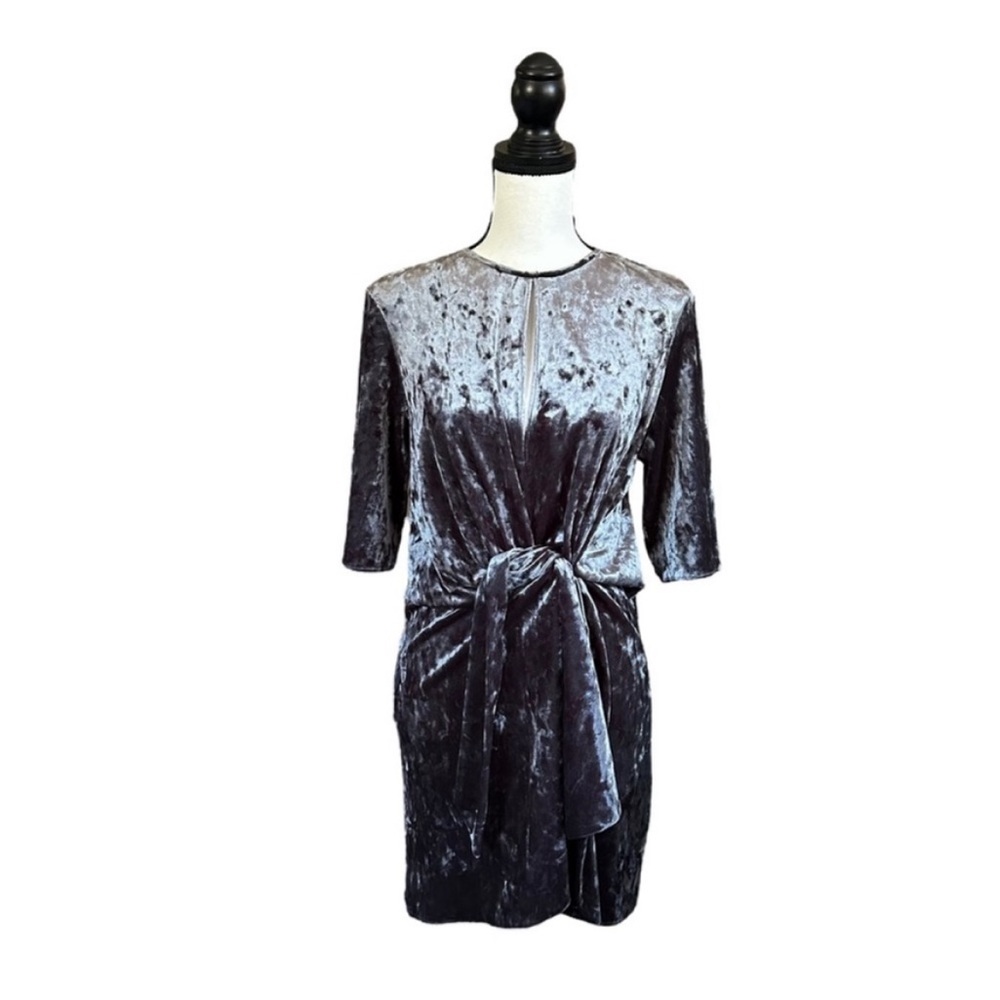 ZARA Crushed Velvet Mini Dress Keyhole Knot Front Charcoal Gray Fall Holiday M